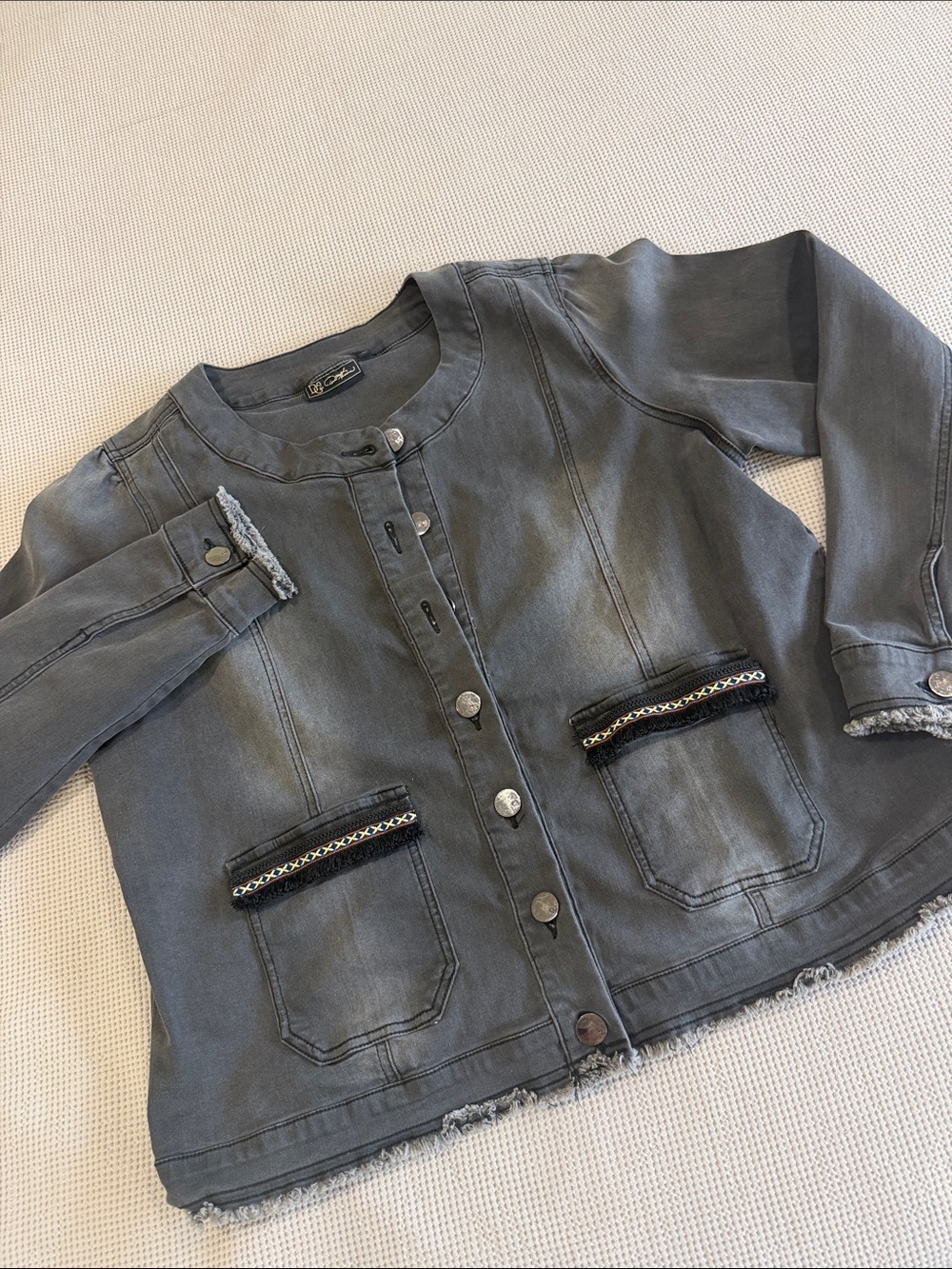 DG2 by Diane Gilman Washed Gray Button-Front Jean Jacket with Trim